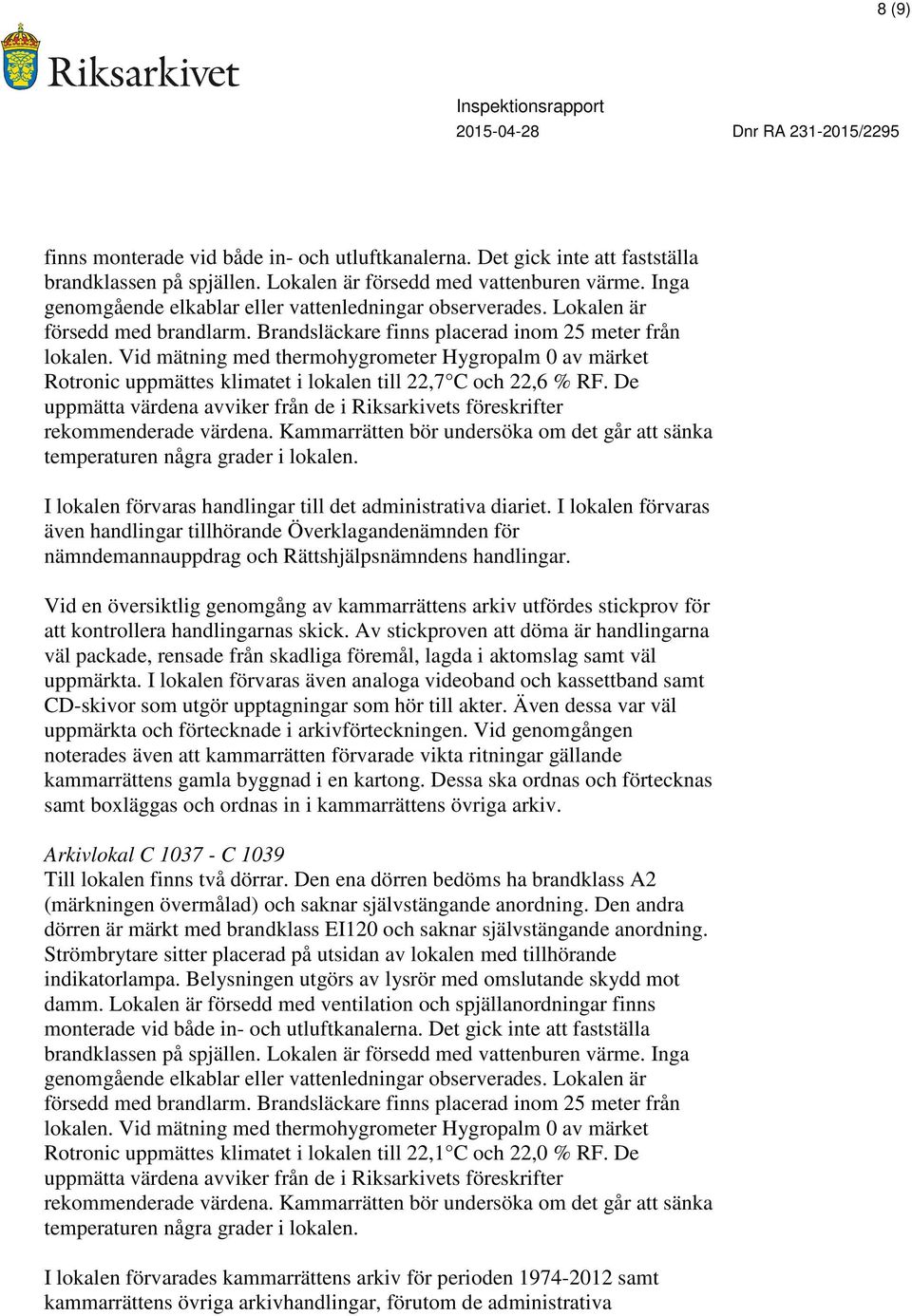 Vid mätning med thermohygrometer Hygropalm 0 av märket Rotronic uppmättes klimatet i lokalen till 22,7 C och 22,6 % RF.