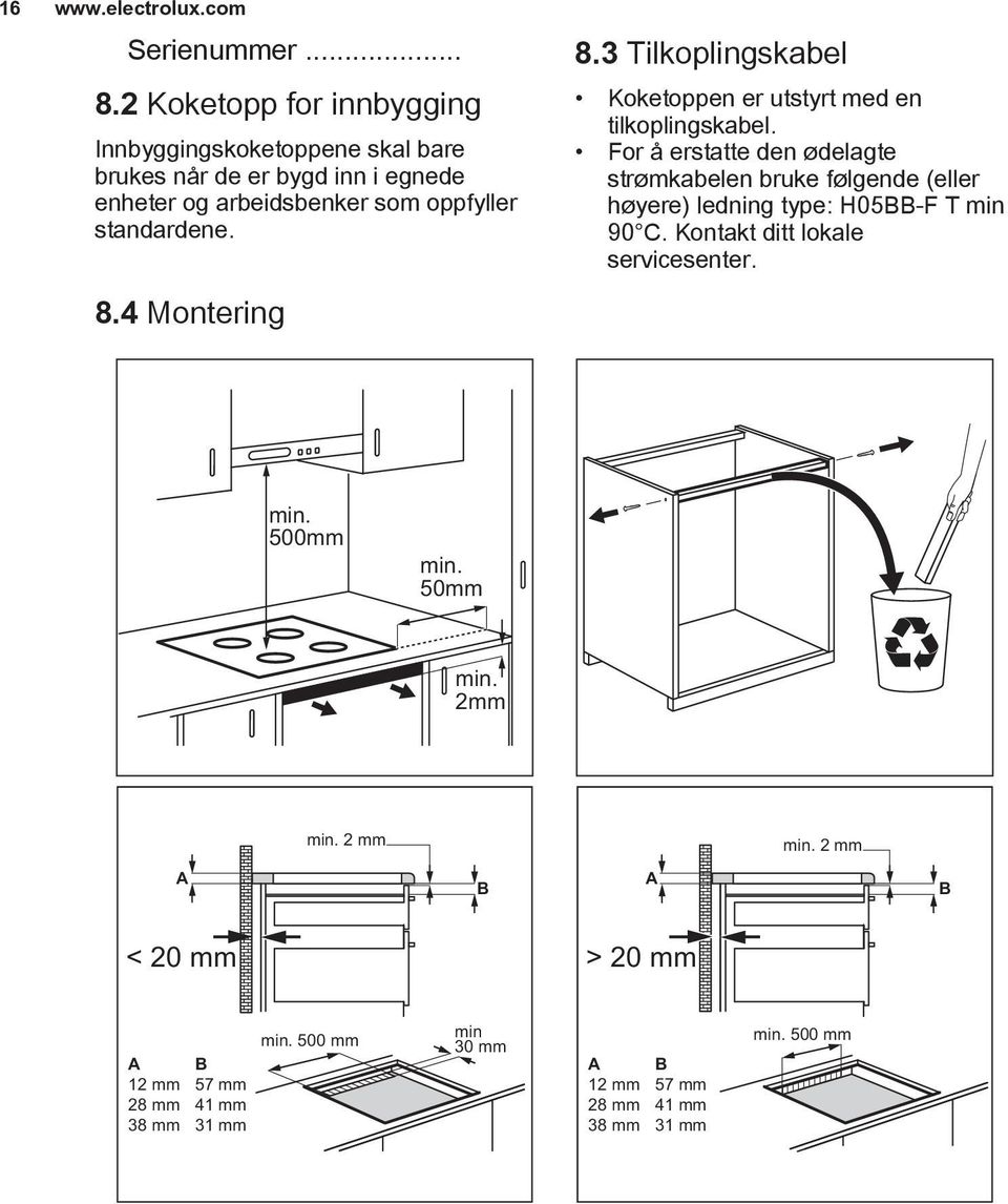 4 Montering 8.3 Tilkoplingskabel Koketoppen er utstyrt med en tilkoplingskabel.