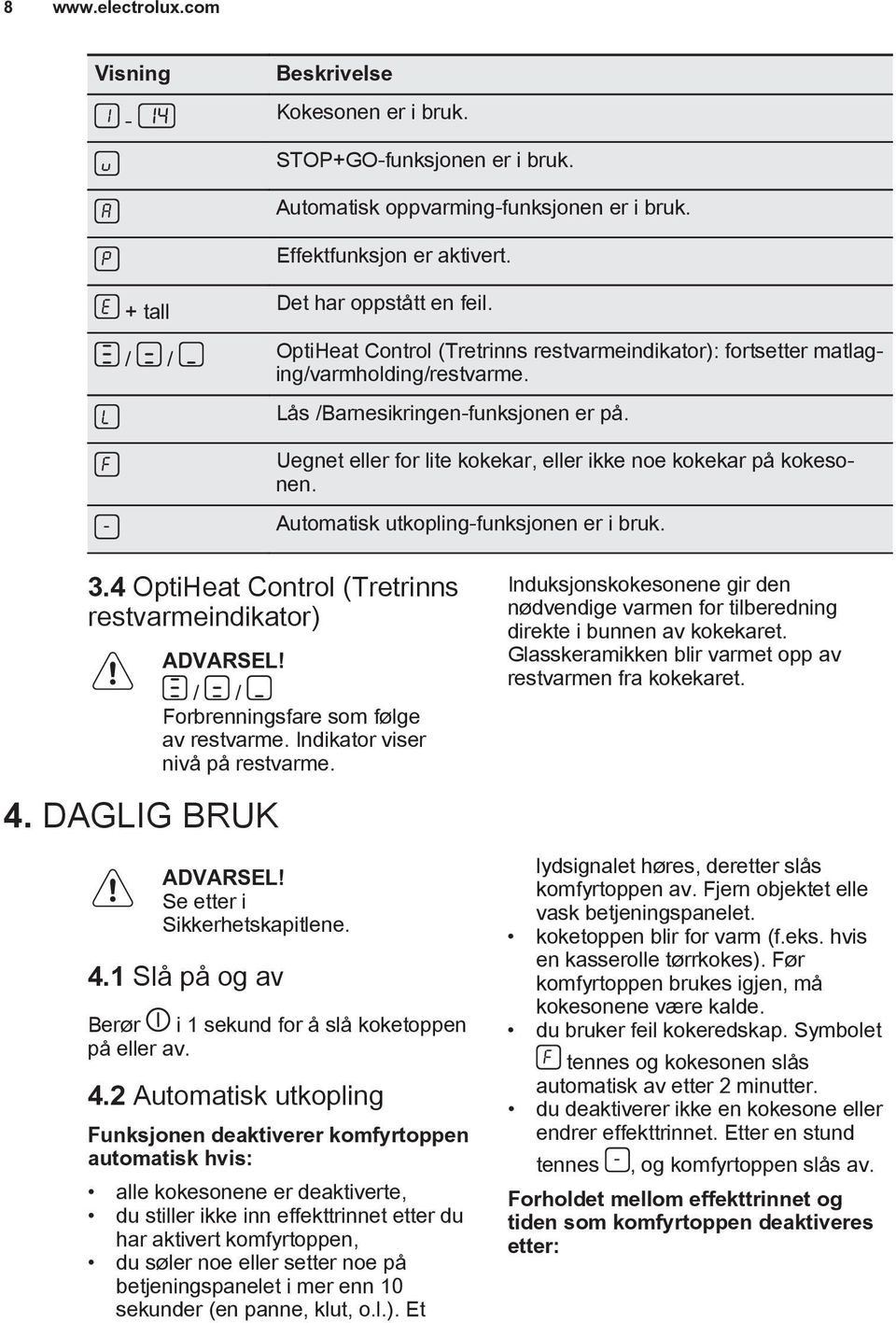 Uegnet eller for lite kokekar, eller ikke noe kokekar på kokesonen. Automatisk utkopling-funksjonen er i bruk. 3.4 OptiHeat Control (Tretrinns restvarmeindikator) ADVARSEL! 4.