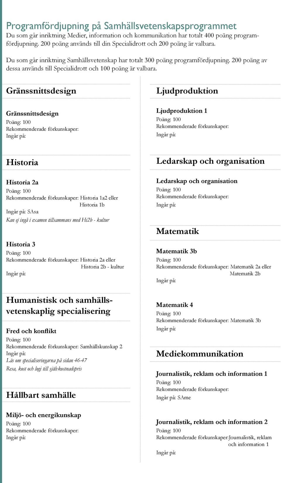 Resa, kost och logi till självkostnadspris Hållbart samhälle Miljö- och energikunskap Ledarskap och organisation Ledarskap och organisation Matematik Matematik 3b Matematik 2a