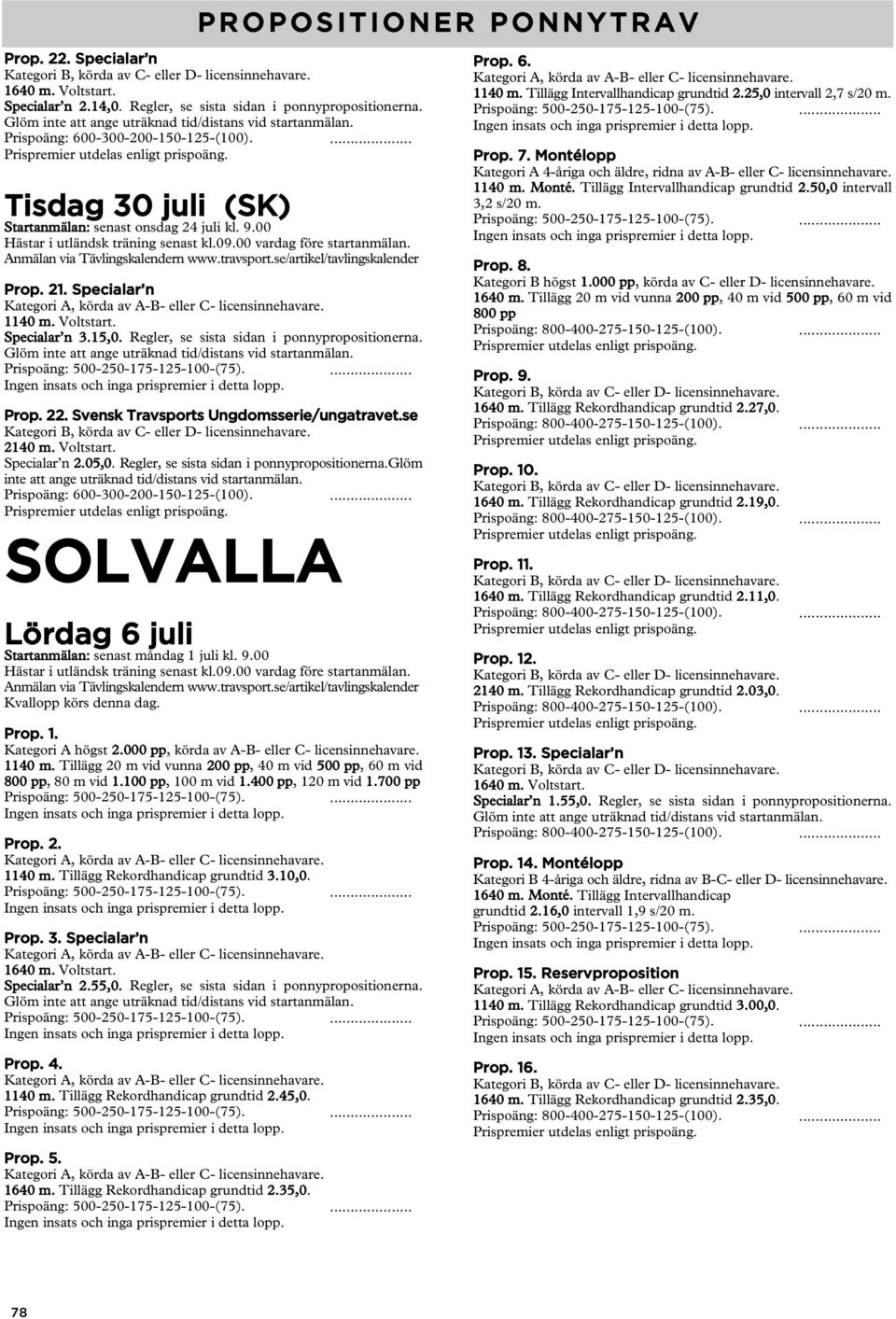 Regler, se sista sidan i ponnypropositionerna.glöm inte att ange uträknad tid/distans vid startanmälan. SOLVALLA Lördag 6 juli Startanmälan: senast måndag 1 juli kl. 9.00 Kvallopp körs denna dag.