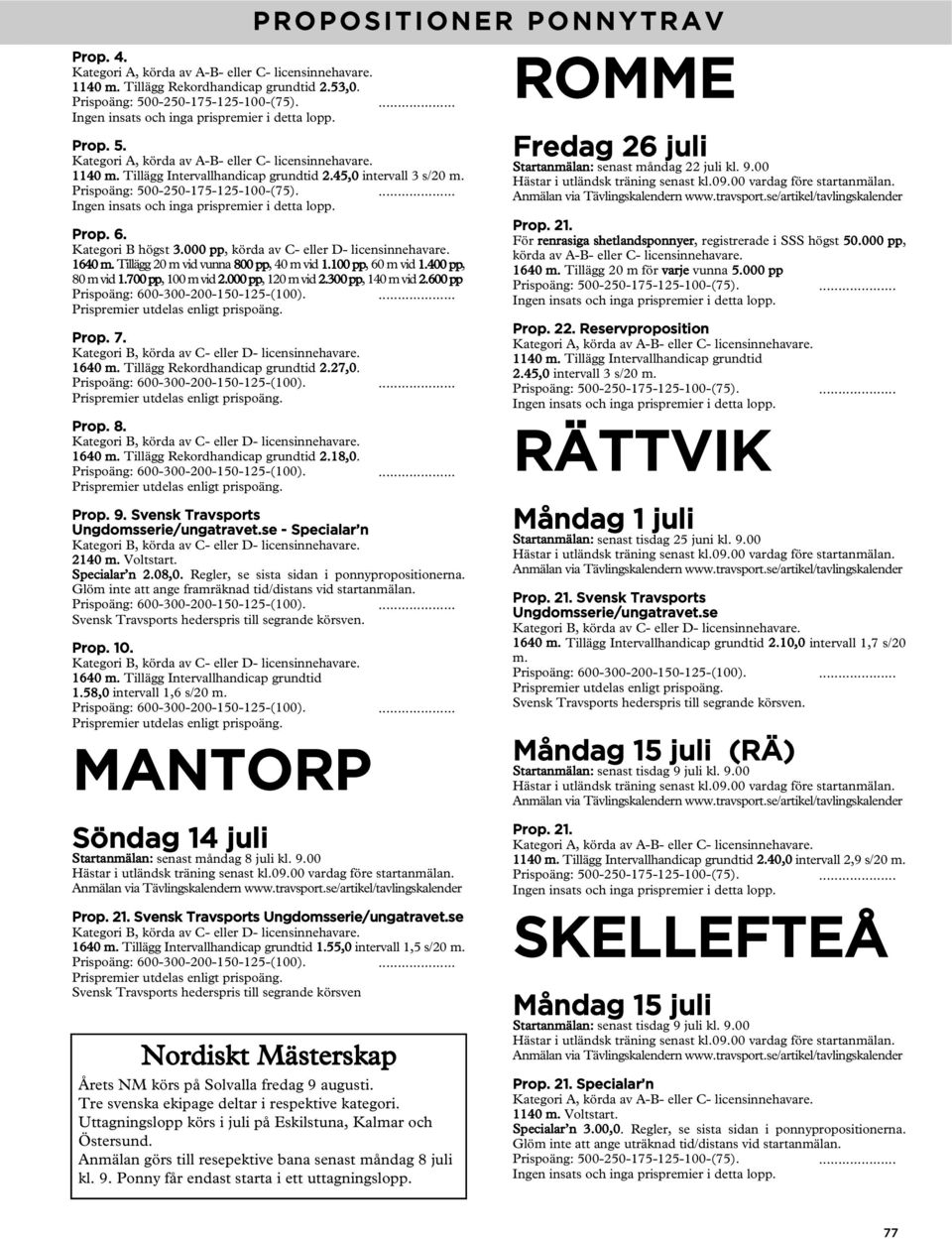 300 pp, 140 m vid 2.600 pp Prop. 7. 1640 m. Tillägg Rekordhandicap grundtid 2.27,0. 1640 m. Tillägg Rekordhandicap grundtid 2.18,0. Prop. 9. Svensk Travsports Ungdomsserie/ungatravet.