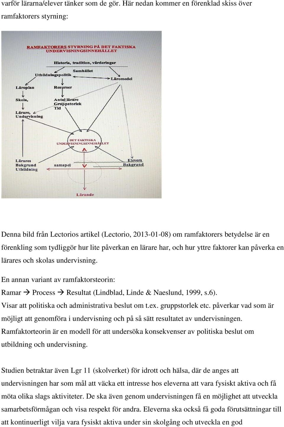 lärare har, och hur yttre faktorer kan påverka en lärares och skolas undervisning. En annan variant av ramfaktorsteorin: Ramar Process Resultat (Lindblad, Linde & Naeslund, 1999, s.6).