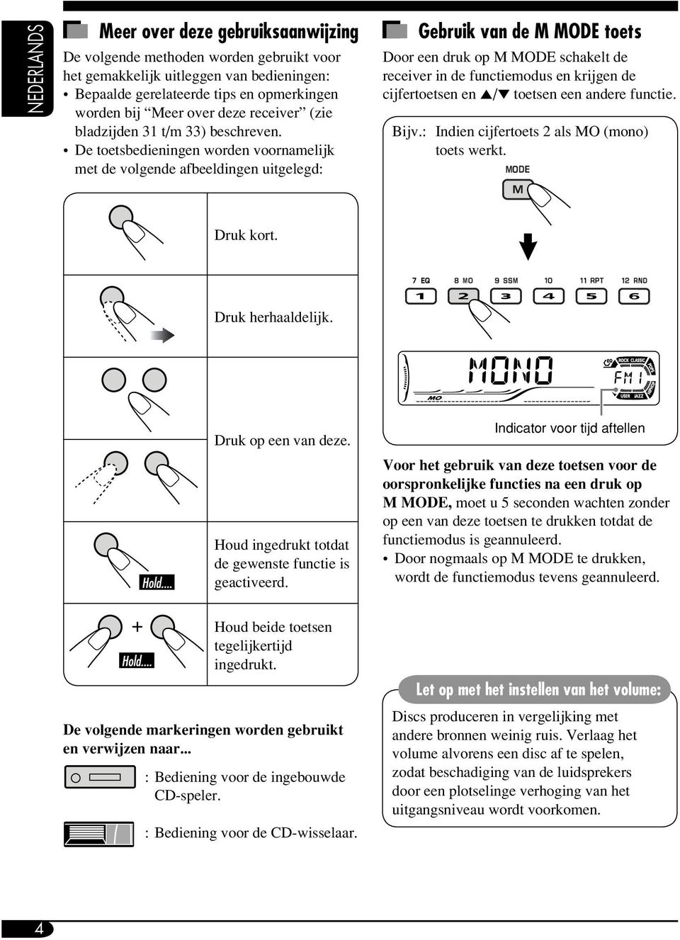 De toetsbedieningen worden voornamelijk met de volgende afbeeldingen uitgelegd: Gebruik van de M MODE toets Door een druk op M MODE schakelt de receiver in de functiemodus en krijgen de cijfertoetsen