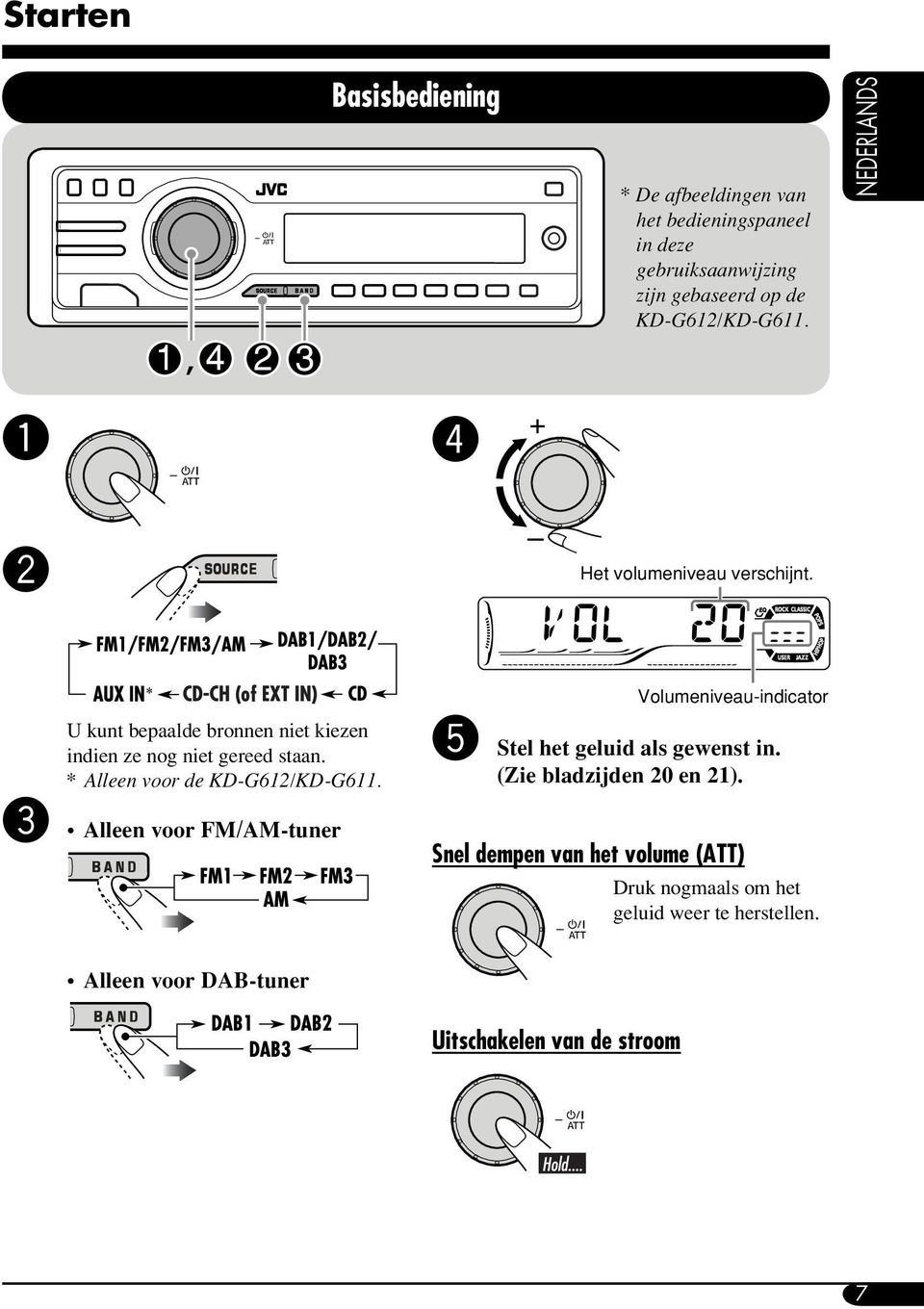 * Alleen voor de KD-G612/KD-G611.! Alleen voor FM/AM-tuner Volumeniveau-indicator @ Stel het geluid als gewenst in.