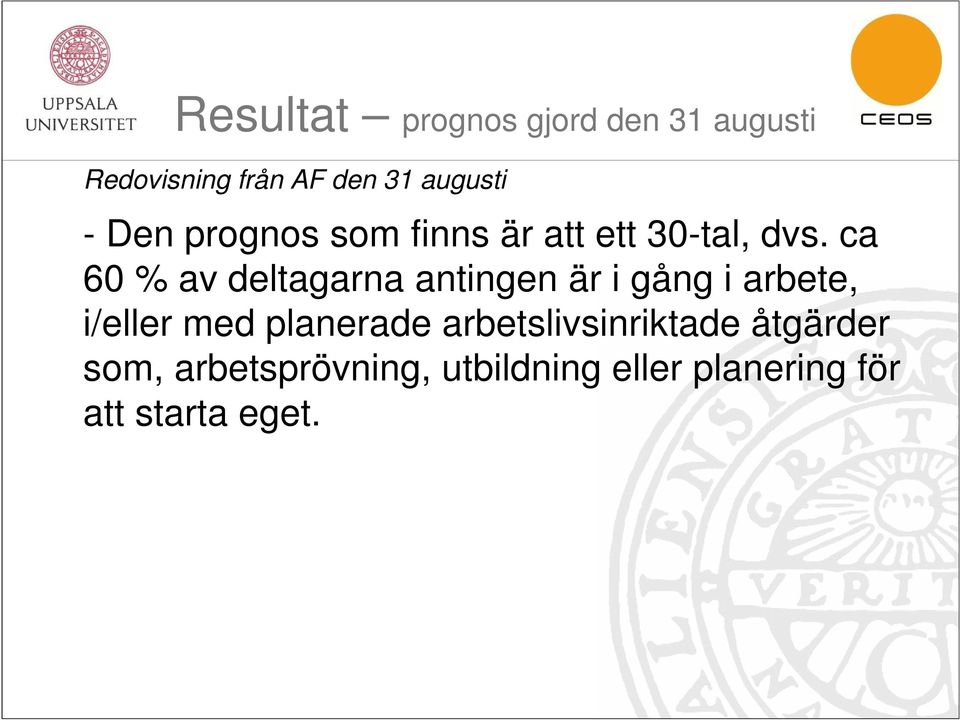 ca 60 % av deltagarna antingen är i gång i arbete, i/eller med planerade