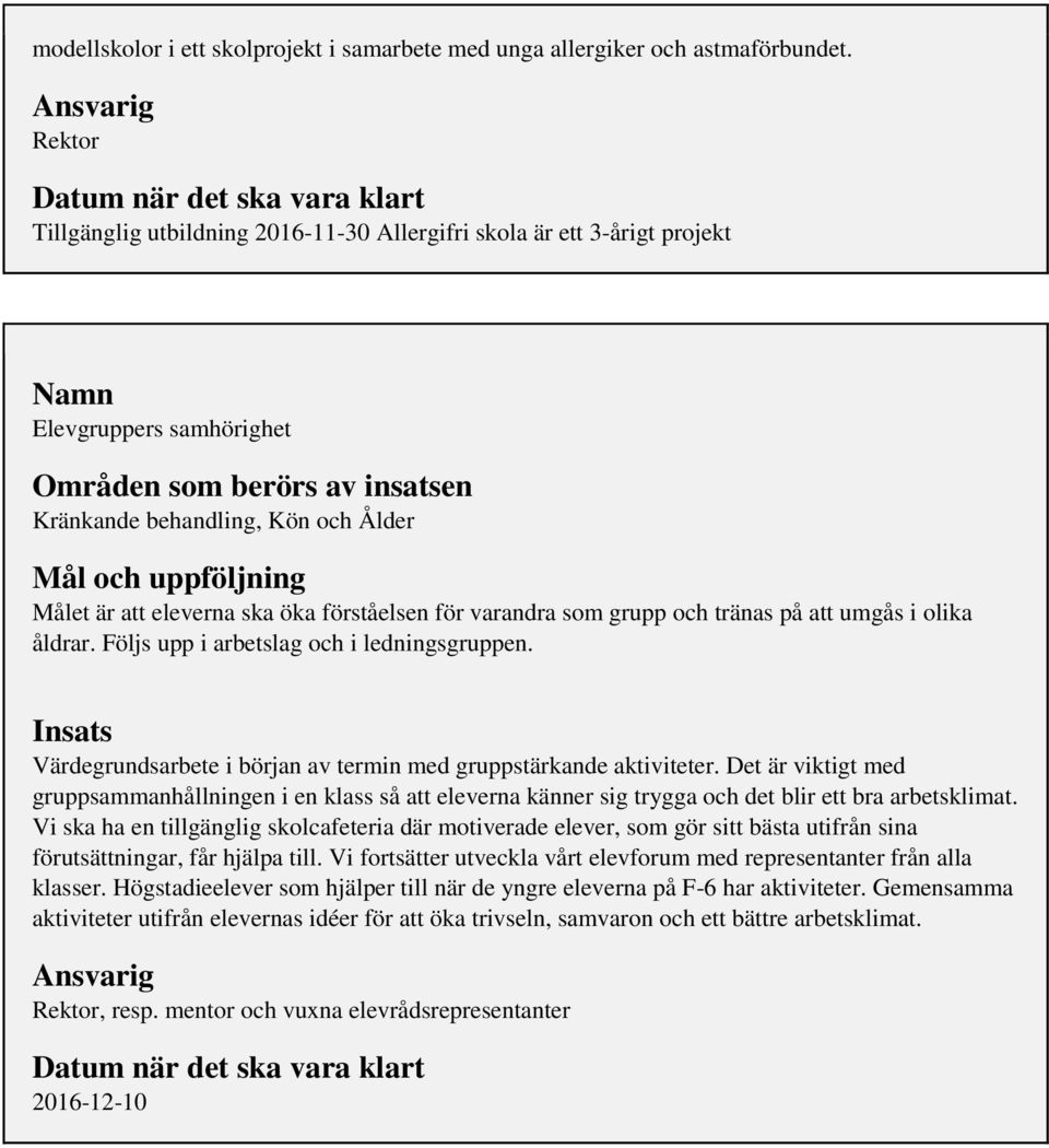 behandling, Kön och Ålder Mål och uppföljning Målet är att eleverna ska öka förståelsen för varandra som grupp och tränas på att umgås i olika åldrar. Följs upp i arbetslag och i ledningsgruppen.