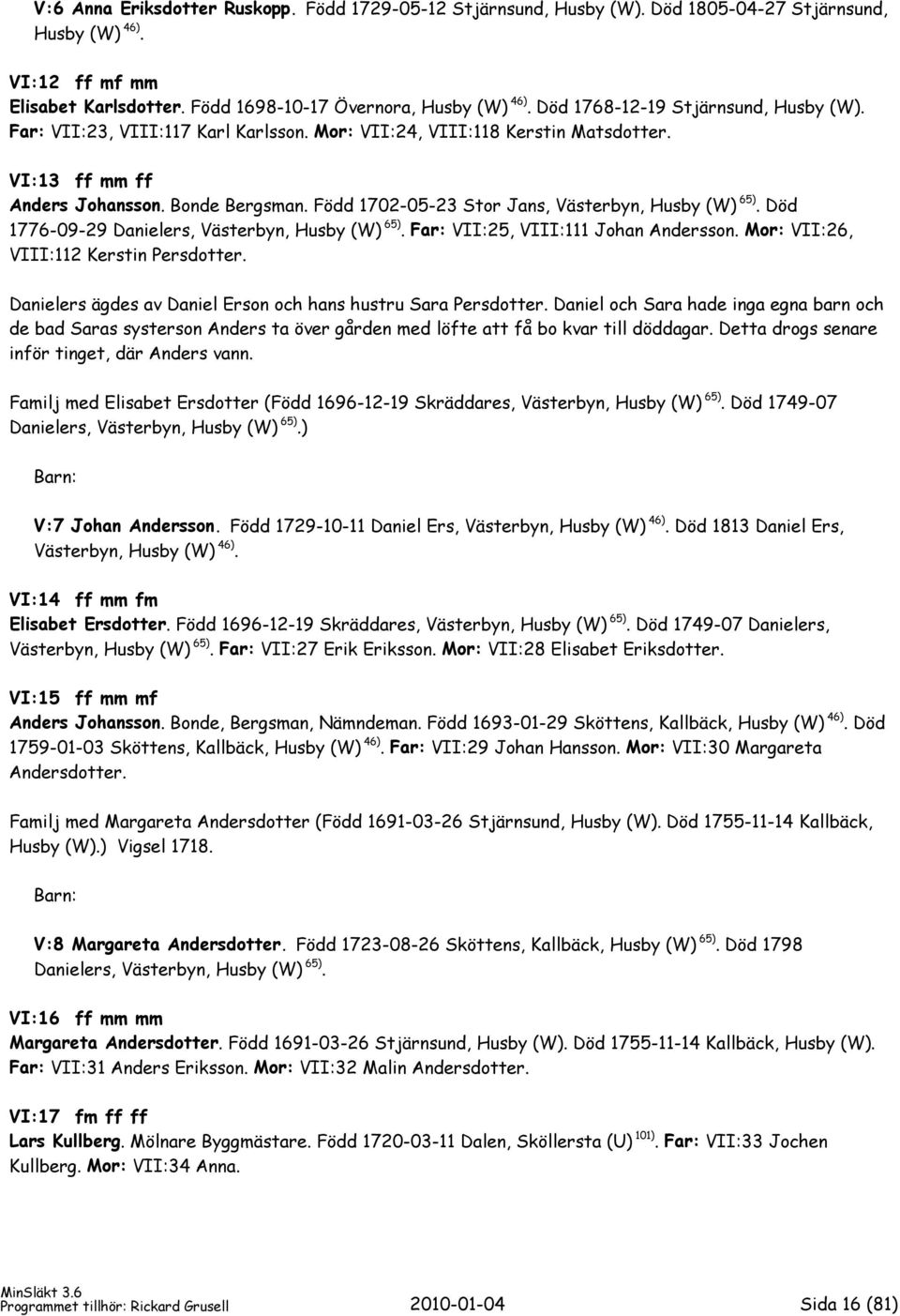 Född 1702-05-23 Stor Jans, Västerbyn, Husby (W) 65). Död 1776-09-29 Danielers, Västerbyn, Husby (W) 65). Far: VII:25, VIII:111 Johan Andersson. Mor: VII:26, VIII:112 Kerstin Persdotter.