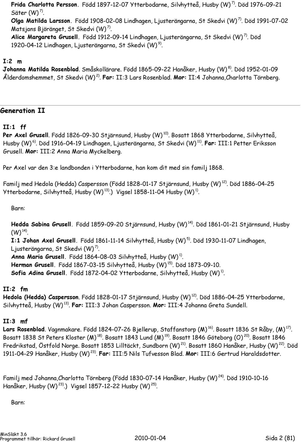 I:2 m Johanna Matilda Rosenblad. Småskollärare. Född 1865-09-22 Hanåker, Husby (W) 8). Död 1952-01-09 Ålderdomshemmet, St Skedvi (W) 2). Far: II:3 Lars Rosenblad. Mor: II:4 Johanna,Charlotta Törnberg.