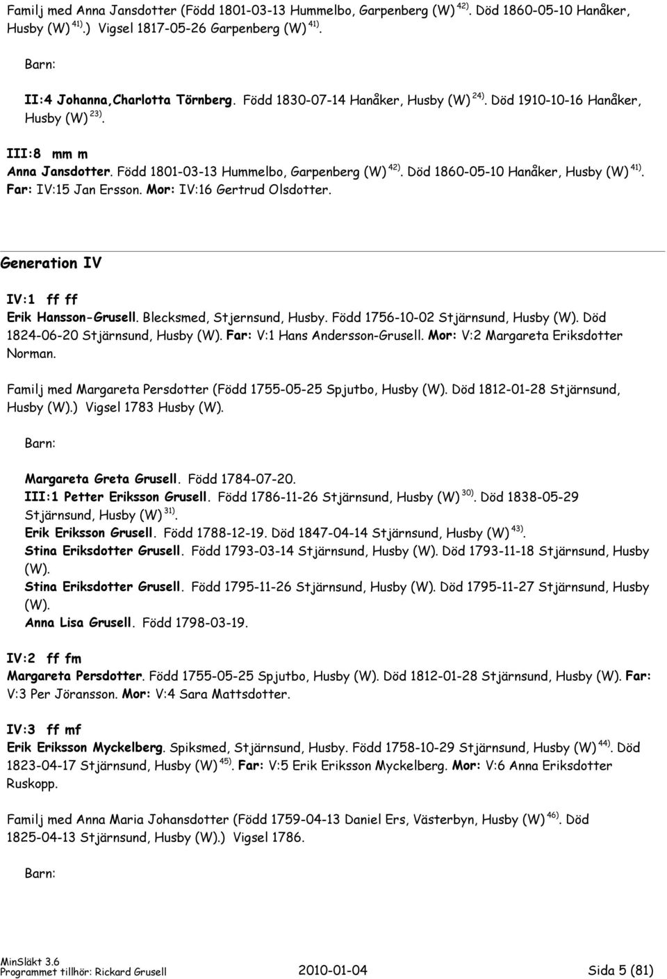 Far: IV:15 Jan Ersson. Mor: IV:16 Gertrud Olsdotter. Generation IV IV:1 ff ff Erik Hansson-Grusell. Blecksmed, Stjernsund, Husby. Född 1756-10-02 Stjärnsund, Husby (W).