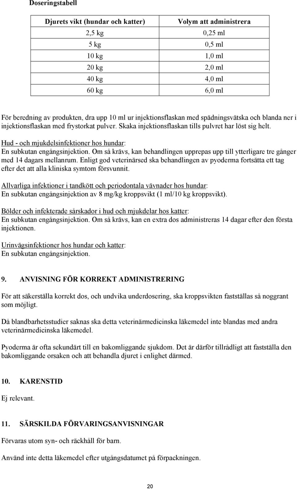 Hud - och mjukdelsinfektioner hos hundar: En subkutan engångsinjektion. Om så krävs, kan behandlingen upprepas upp till ytterligare tre gånger med 14 dagars mellanrum.