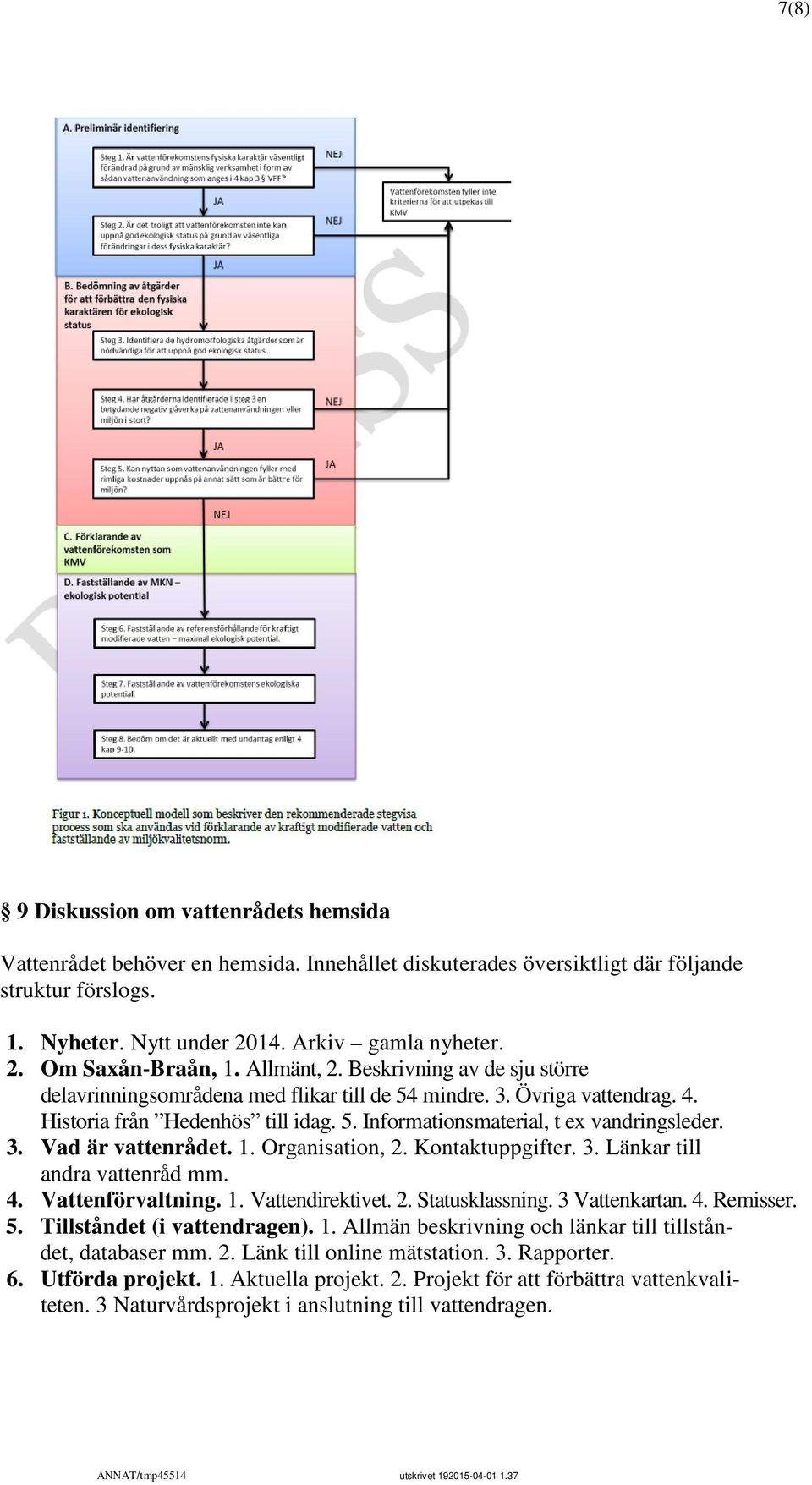 1. Organisation, 2. Kontaktuppgifter. 3. Länkar till andra vattenråd mm. 4. Vattenförvaltning. 1. Vattendirektivet. 2. Statusklassning. 3 Vattenkartan. 4. Remisser. 5. Tillståndet (i vattendragen). 1. Allmän beskrivning och länkar till tillståndet, databaser mm.