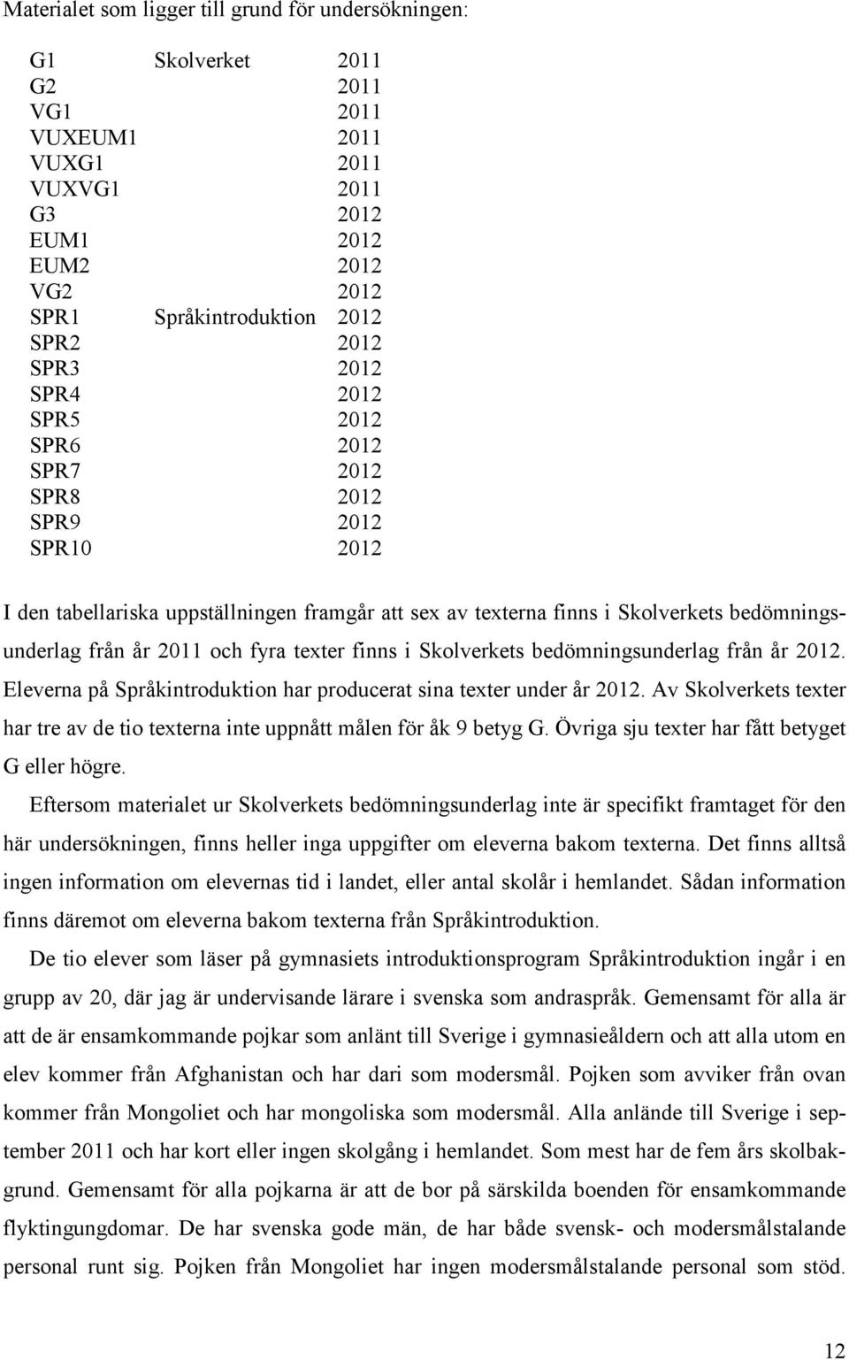 fyra texter finns i Skolverkets bedömningsunderlag från år 2012. Eleverna på Språkintroduktion har producerat sina texter under år 2012.
