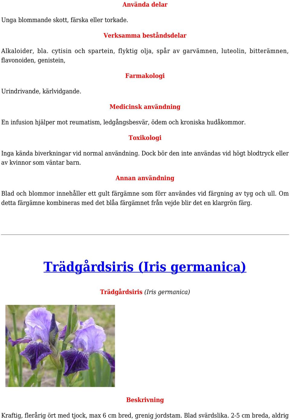 En infusion hjälper mot reumatism, ledgångsbesvär, ödem och kroniska hudåkommor. Inga kända biverkningar vid normal användning.