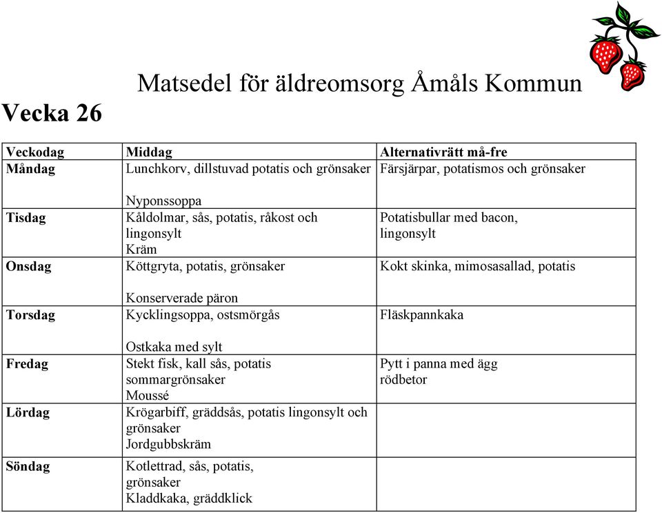 sylt Stekt fisk, kall sås, potatis sommar Moussé Krögarbiff, gräddsås, potatis lingonsylt och Jordgubbskräm Kotlettrad, sås,