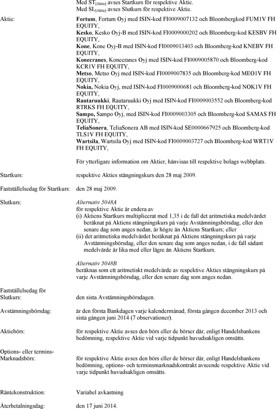 Bloomberg-kod KNEBV FH Konecranes, Konecranes Oyj med ISIN-kod FI0009005870 och Bloomberg-kod KCR1V FH Metso, Metso Oyj med ISIN-kod FI0009007835 och Bloomberg-kod MEO1V FH Nokia, Nokia Oyj, med