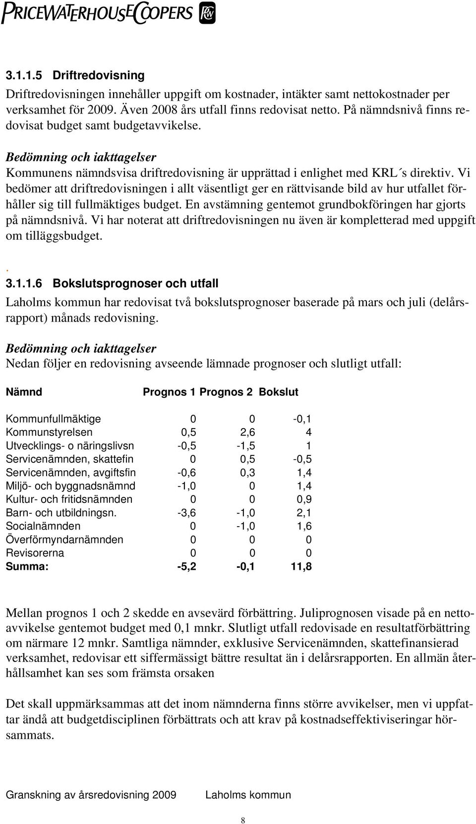 Vi bedömer att driftredovisningen i allt väsentligt ger en rättvisande bild av hur utfallet förhåller sig till fullmäktiges budget. En avstämning gentemot grundbokföringen har gjorts på nämndsnivå.