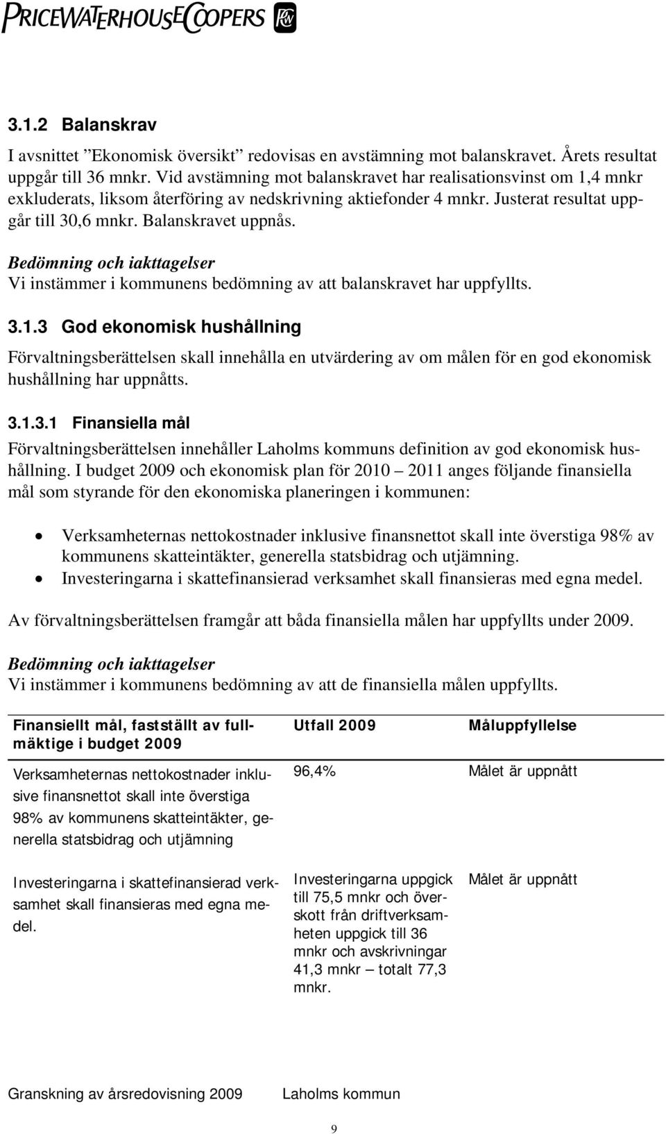 Vi instämmer i kommunens bedömning av att balanskravet har uppfyllts. 3.1.