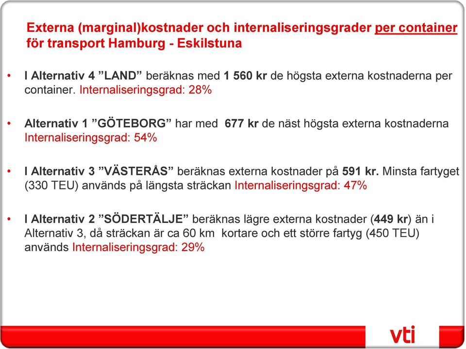 Internaliseringsgrad: 28% Alternativ 1 GÖTEBORG har med 677 kr de näst högsta externa kostnaderna Internaliseringsgrad: 54% I Alternativ 3 VÄSTERÅS beräknas