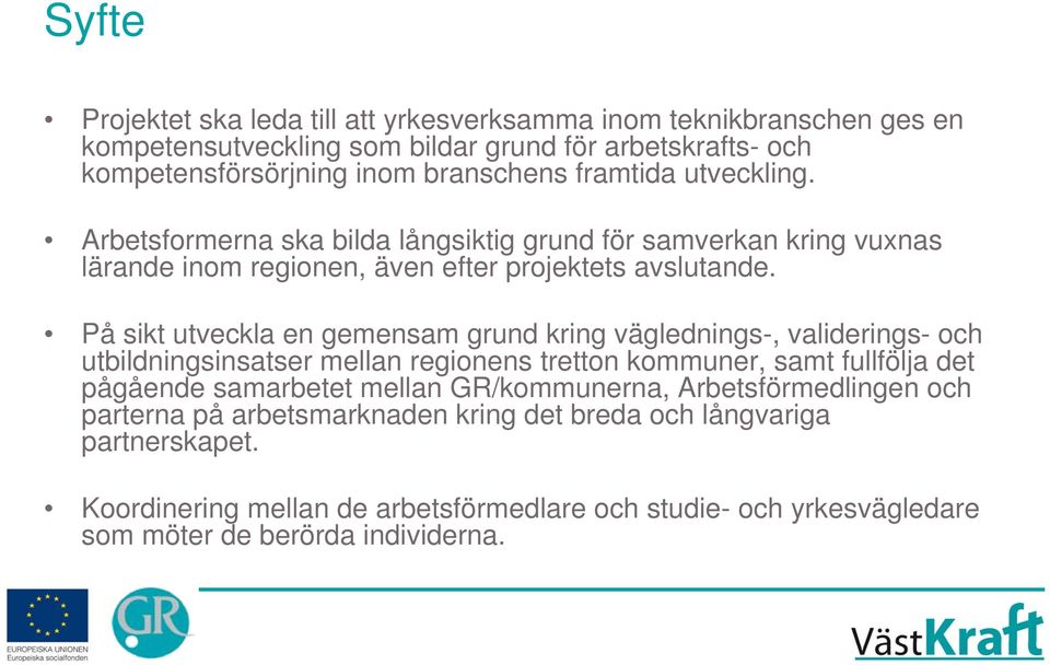 På sikt utveckla en gemensam grund kring väglednings-, validerings- och utbildningsinsatser mellan regionens tretton kommuner, samt fullfölja det pågående samarbetet mellan