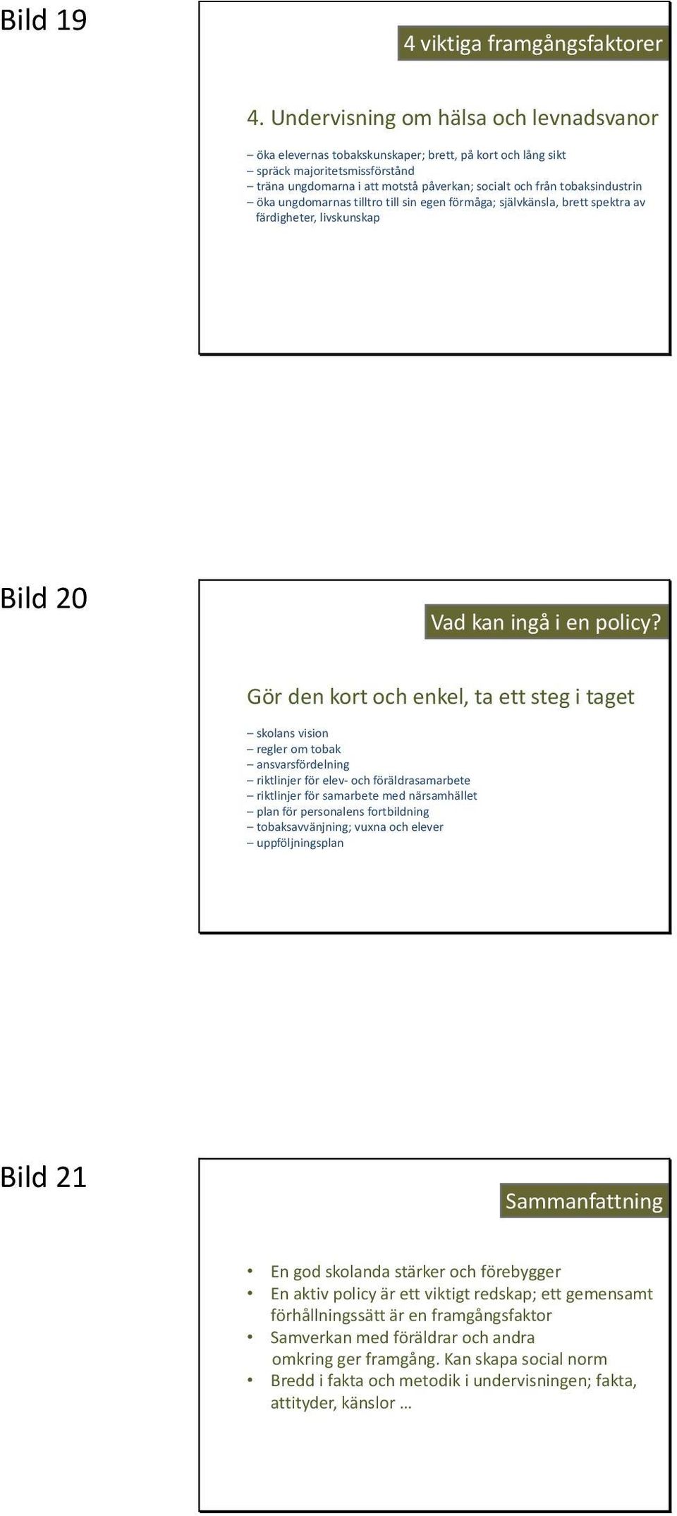 tobaksindustrin öka ungdomarnas tilltro till sin egen förmåga; självkänsla, brett spektra av färdigheter, livskunskap Bild 20 Vad kan ingå i en policy?