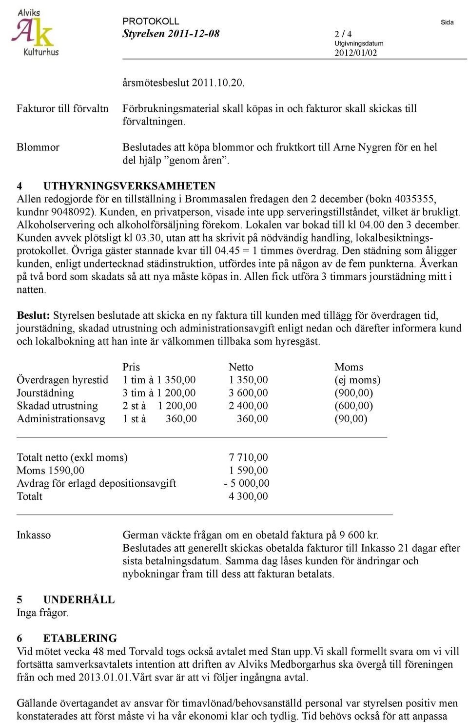 4 UTHYRNINGSVERKSAMHETEN Allen redogjorde för en tillställning i Brommasalen fredagen den 2 december (bokn 4035355, kundnr 9048092).