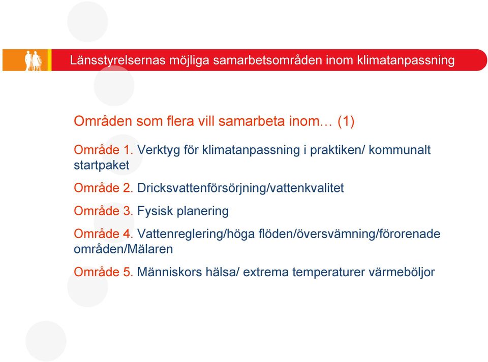 Dricksvattenförsörjning/vattenkvalitet Område 3. Fysisk planering Område 4.