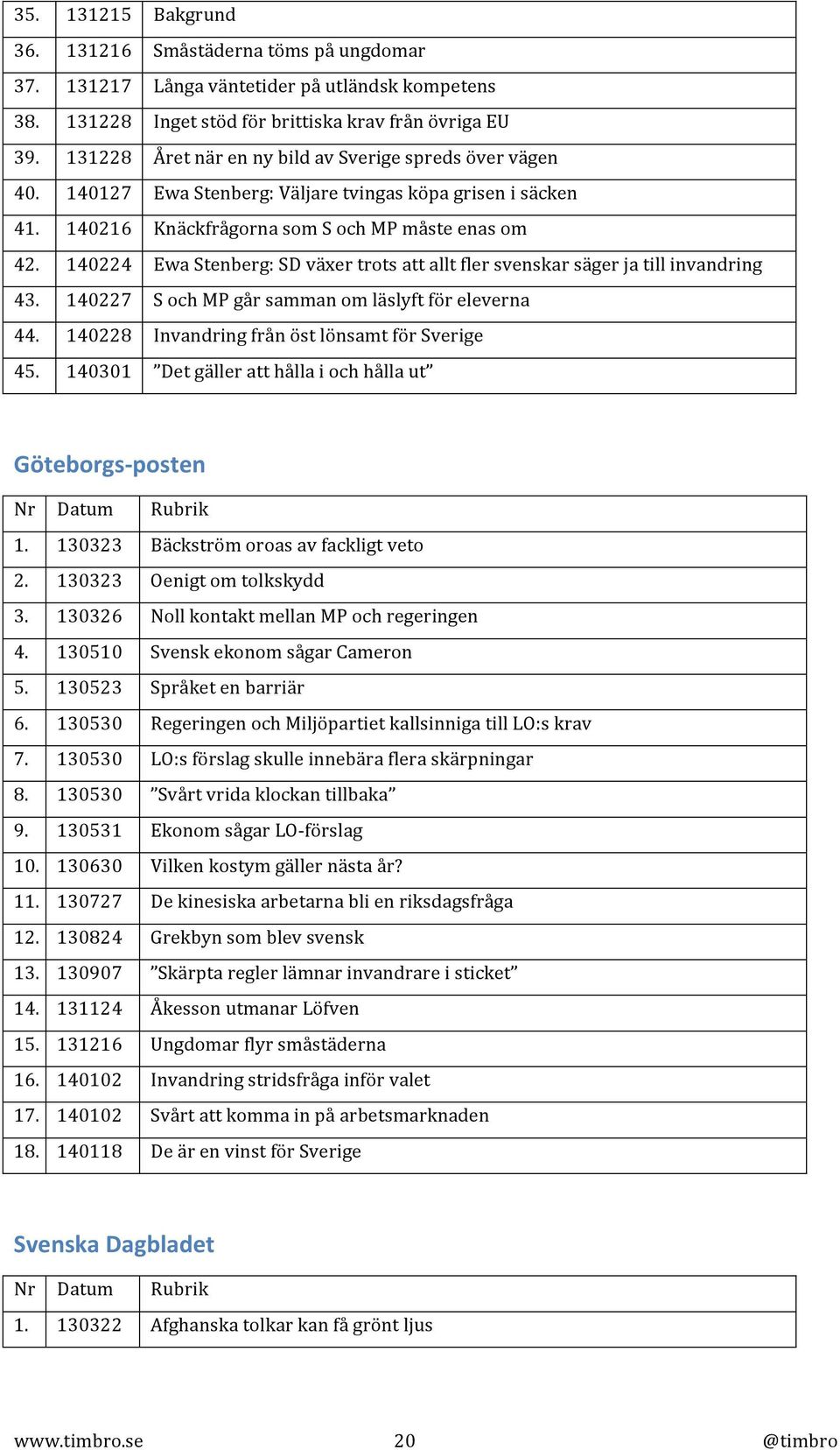 140224 Ewa Stenberg: SD växer trots att allt fler svenskar säger ja till invandring 43. 140227 S och MP går samman om läslyft för eleverna 44. 140228 Invandring från öst lönsamt för Sverige 45.