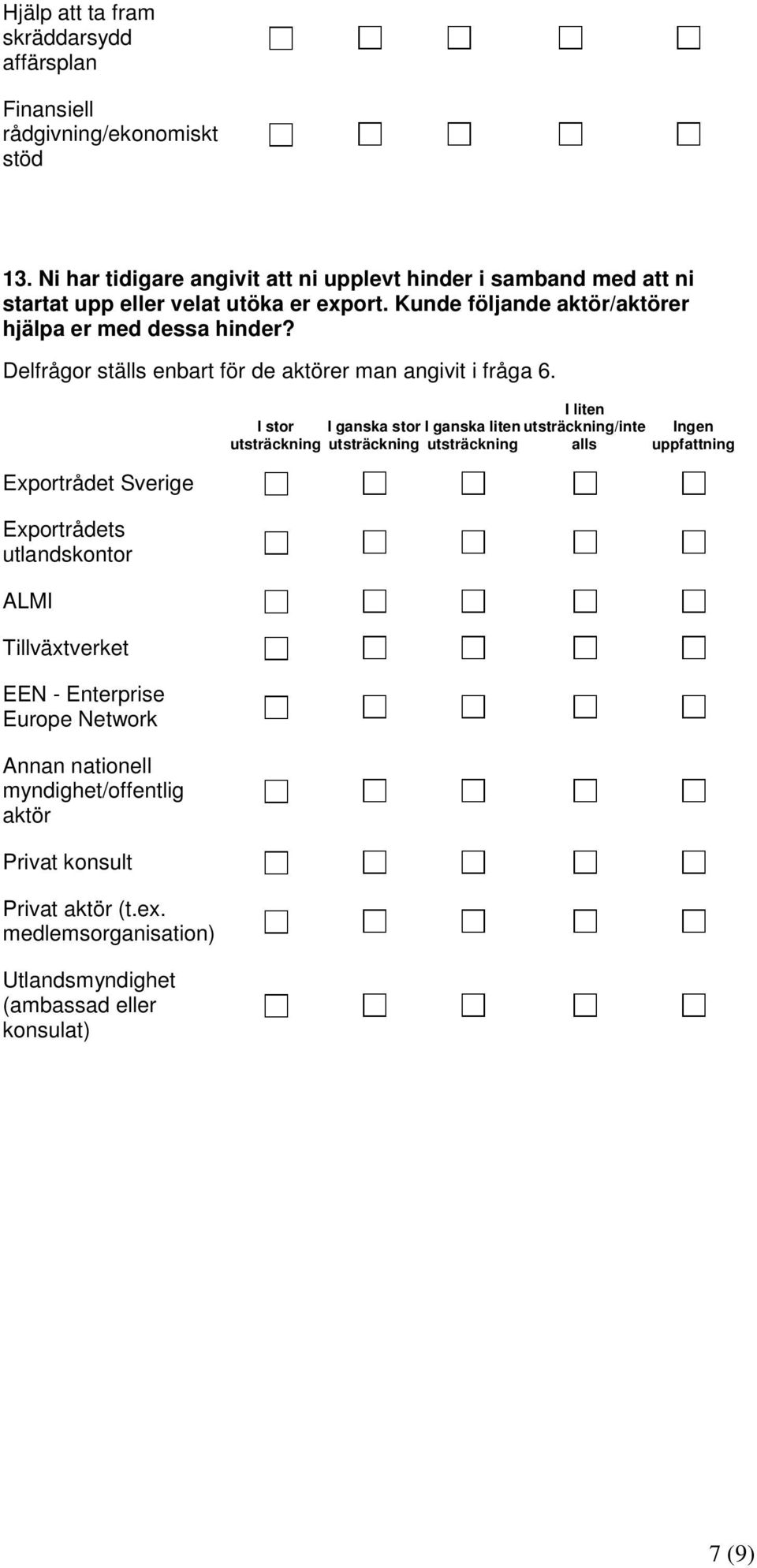 Delfrågor ställs enbart för de aktörer man angivit i fråga 6.