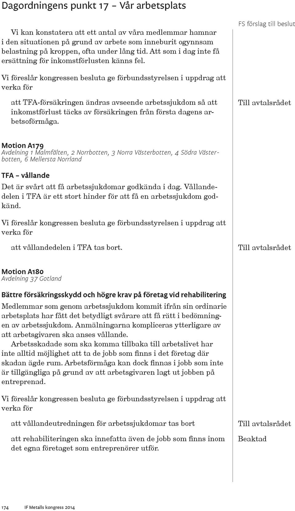 Motion A179 Avdelning 1 Malmfälten, 2 Norrbotten, 3 Norra Västerbotten, 4 Södra Västerbotten, 6 Mellersta Norrland TFA vållande Det är svårt att få arbetssjukdomar godkända i dag.