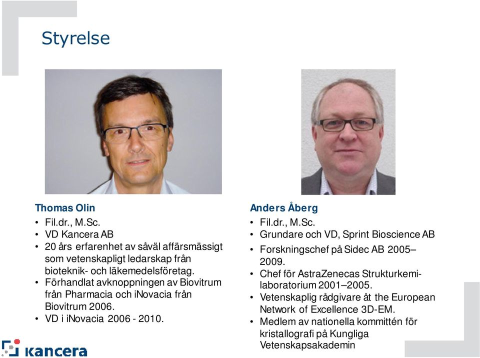 Förhandlat avknoppningen av Biovitrum från Pharmacia och inovacia från Biovitrum 2006. VD i inovacia 2006-2010. Anders Åberg Fil.dr., M.Sc.