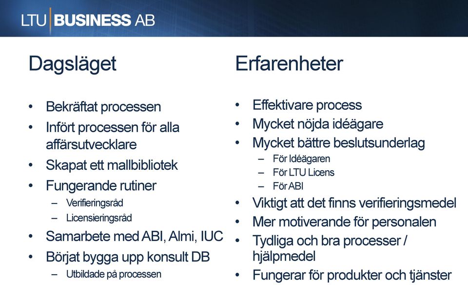 Effektivare process Mycket nöjda idéägare Mycket bättre beslutsunderlag För Idéägaren För LTU Licens För ABI Viktigt att det