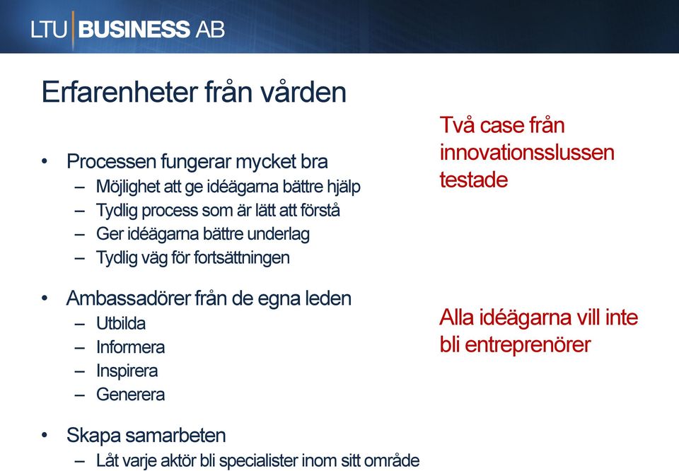 Ambassadörer från de egna leden Utbilda Informera Inspirera Generera Två case från innovationsslussen