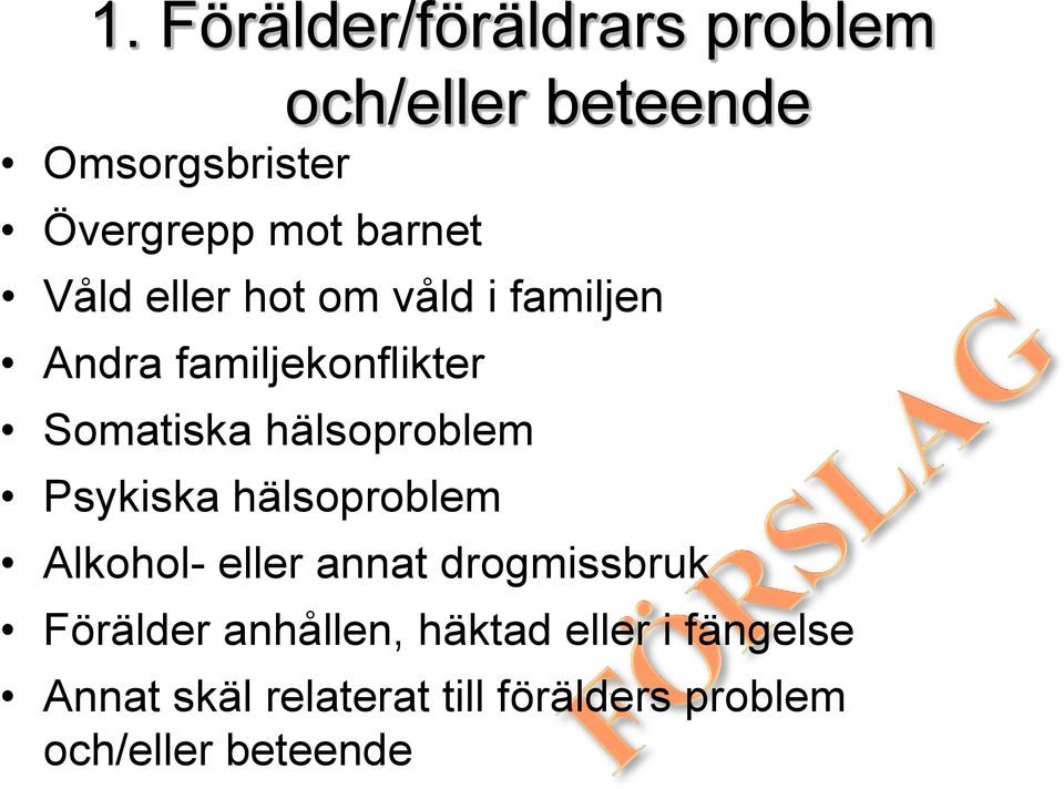 hälsoproblem och/eller beteende Alkohol- eller annat drogmissbruk Förälder