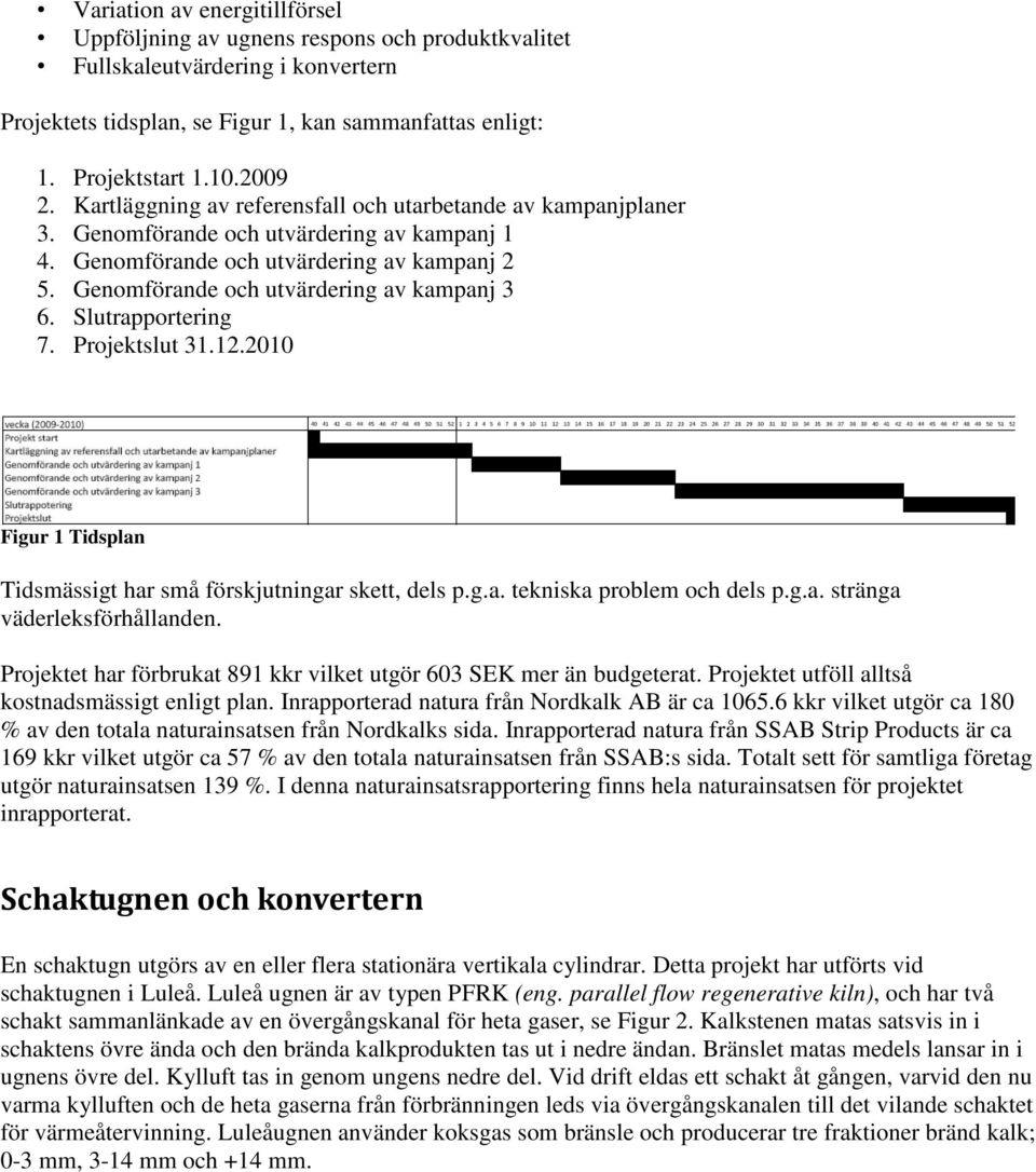 Slutrapportering 7. Projektslut 31.12.2010 Figur 1 Tidsplan Tidsmässigt har små förskjutningar skett, dels p.g.a. tekniska problem och dels p.g.a. stränga väderleksförhållanden.