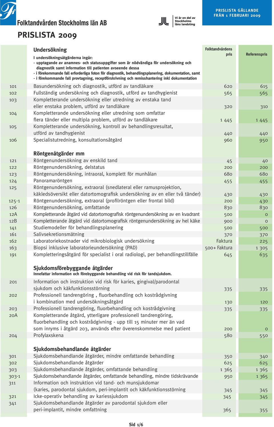 Basundersökning och diagnostik, utförd av tandläkare 620 615 102 Fullständig undersökning och diagnostik, utförd av tandhygienist 565 565 103 Kompletterande undersökning eller utredning av enstaka