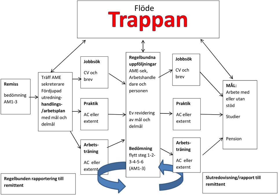 Jobbsök CV och brev Praktik AC eller externt MÅL: Arbete med eller utan stöd Studier Arbetsträning AC eller externt Bedömning flytt