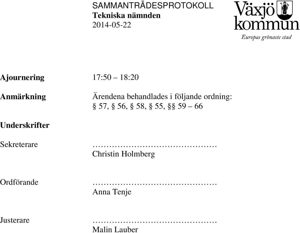 55, 59 66 Underskrifter Sekreterare Christin