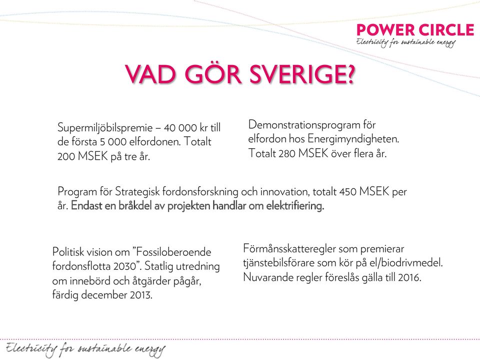 Program för Strategisk fordonsforskning och innovation, totalt 450 MSEK per år. Endast en bråkdel av projekten handlar om elektrifiering.