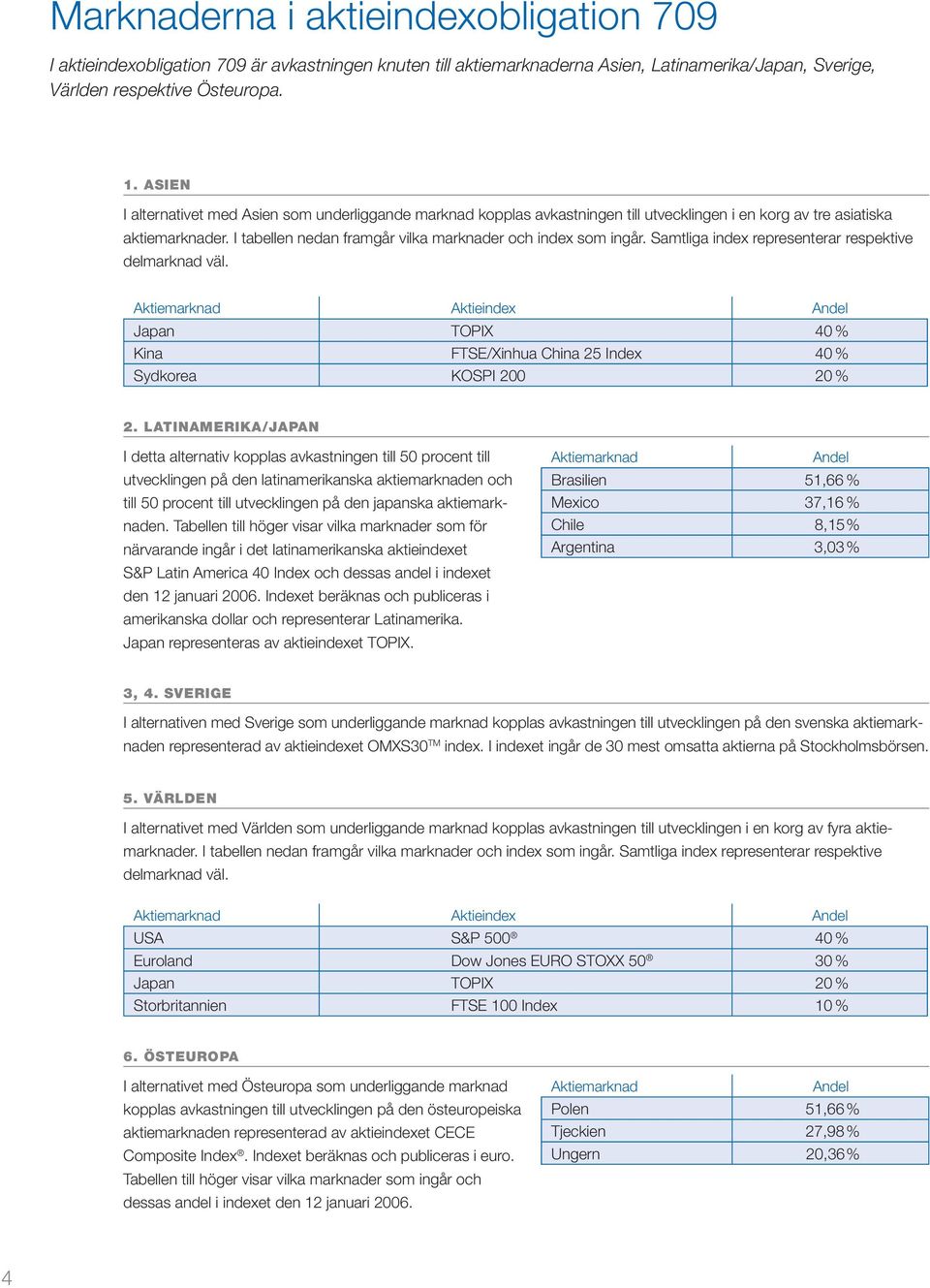 Samtliga index representerar respektive delmarknad väl. Aktiemarknad Aktieindex Andel Japan TOPIX 40 % Kina FTSE/Xinhua China 25 Index 40 % Sydkorea KOSPI 200 20 % 2.