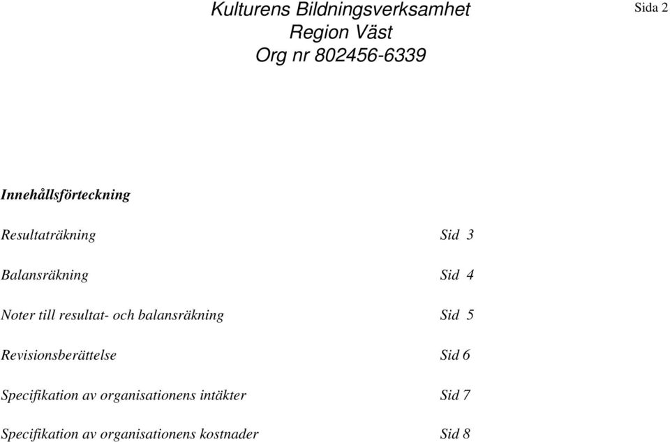resultat- och balansräkning Sid 5 Revisionsberättelse Sid 6 Specifikation