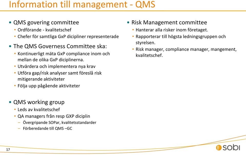 Utvärdera och implementera nya krav Utföra gap/risk analyser samt föreslå risk mitigerande aktiviteter Följa upp pågående aktiviteter Risk Management committee Hanterar alla