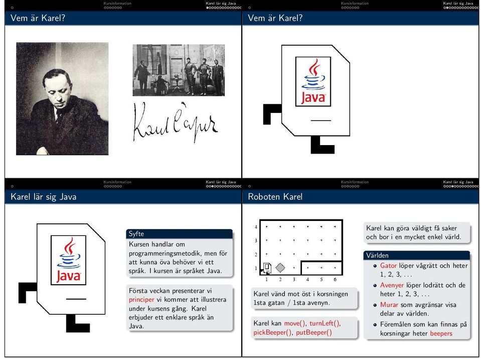 Fo rsta veckan presenterar vi principer vi kommer att illustrera under kursens ga ng. Karel erbjuder ett enklare spra k a n Java.