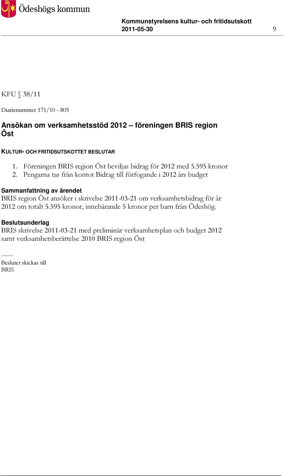 Pengarna tas från kontot Bidrag till förfogande i 2012 års budget BRIS region Öst ansöker i skrivelse 2011-03-21 om verksamhetsbidrag