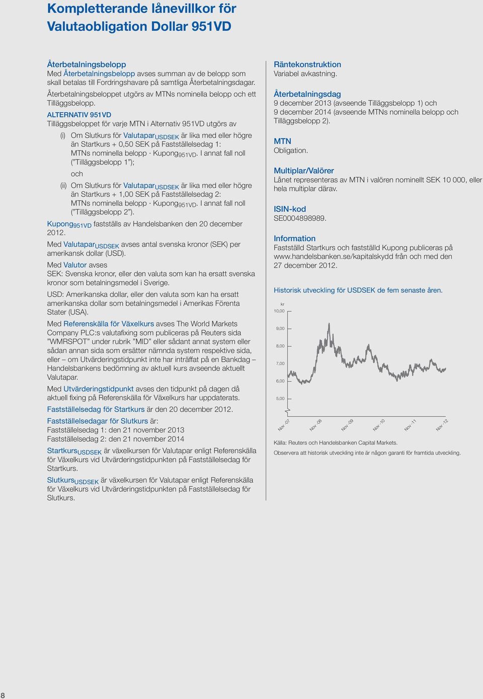 ALTERNATIV 951VD Tilläggsbeloppet för varje MTN i Alternativ 951VD utgörs av (i) Om Slutkurs för Valutapar USDSEK är lika med eller högre än Startkurs + 0,50 SEK på Fastställelsedag 1: MTNs nominella