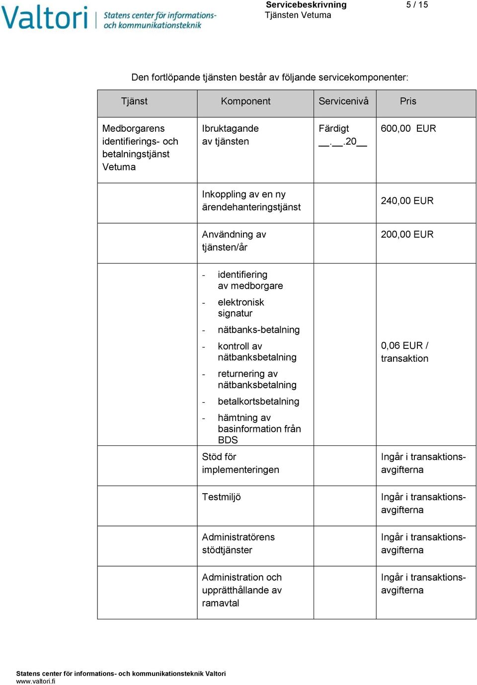 .20 600,00 EUR Inkoppling av en ny ärendehanteringstjänst 240,00 EUR Användning av tjänsten/år 200,00 EUR - identifiering av medborgare - elektronisk signatur - nätbanks-betalning - kontroll av