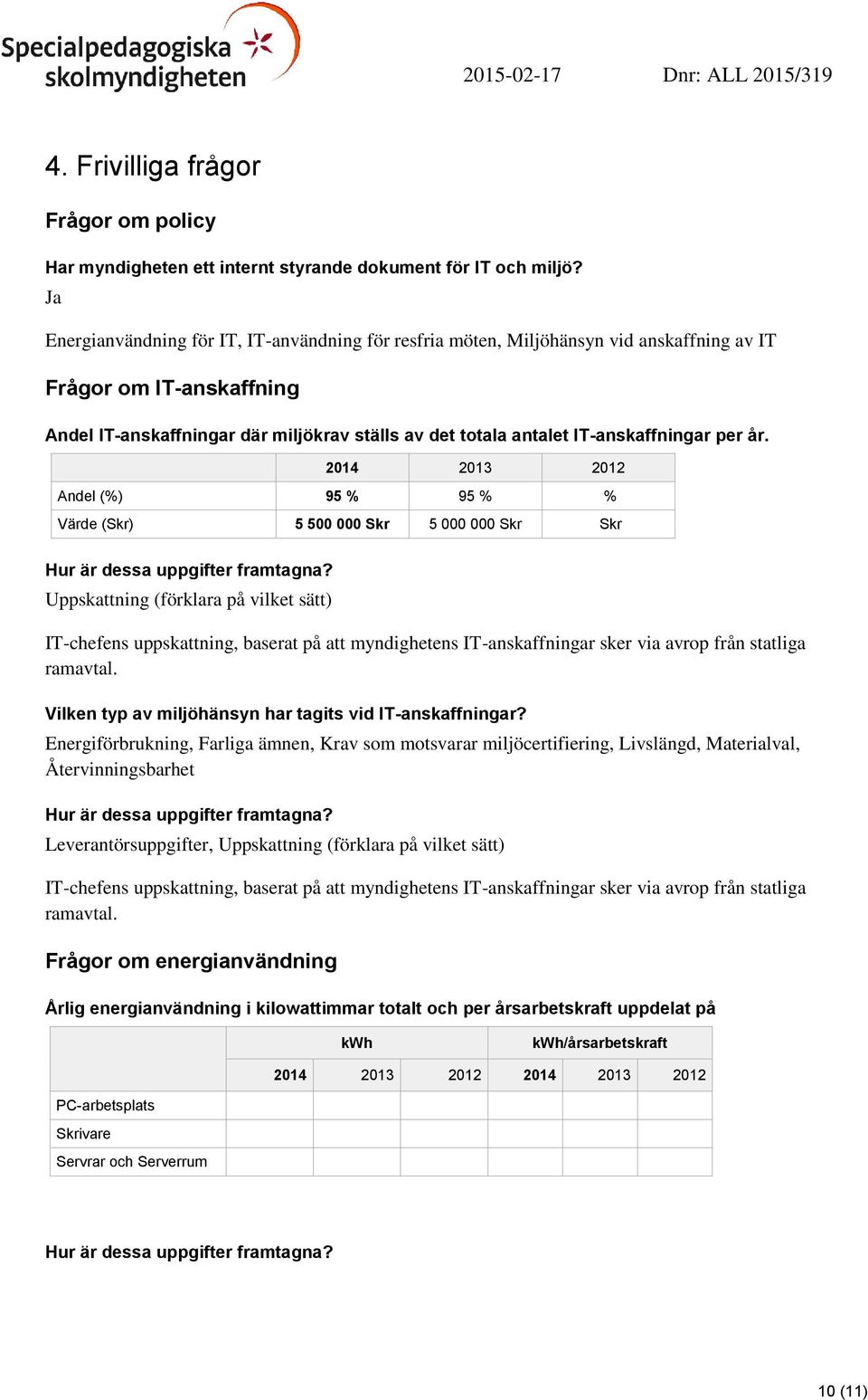 IT-anskaffningar per år. 2014 2013 2012 Andel (%) 95 % 95 % % Värde (Skr) 5 500 000 Skr 5 000 000 Skr Skr Hur är dessa uppgifter framtagna?