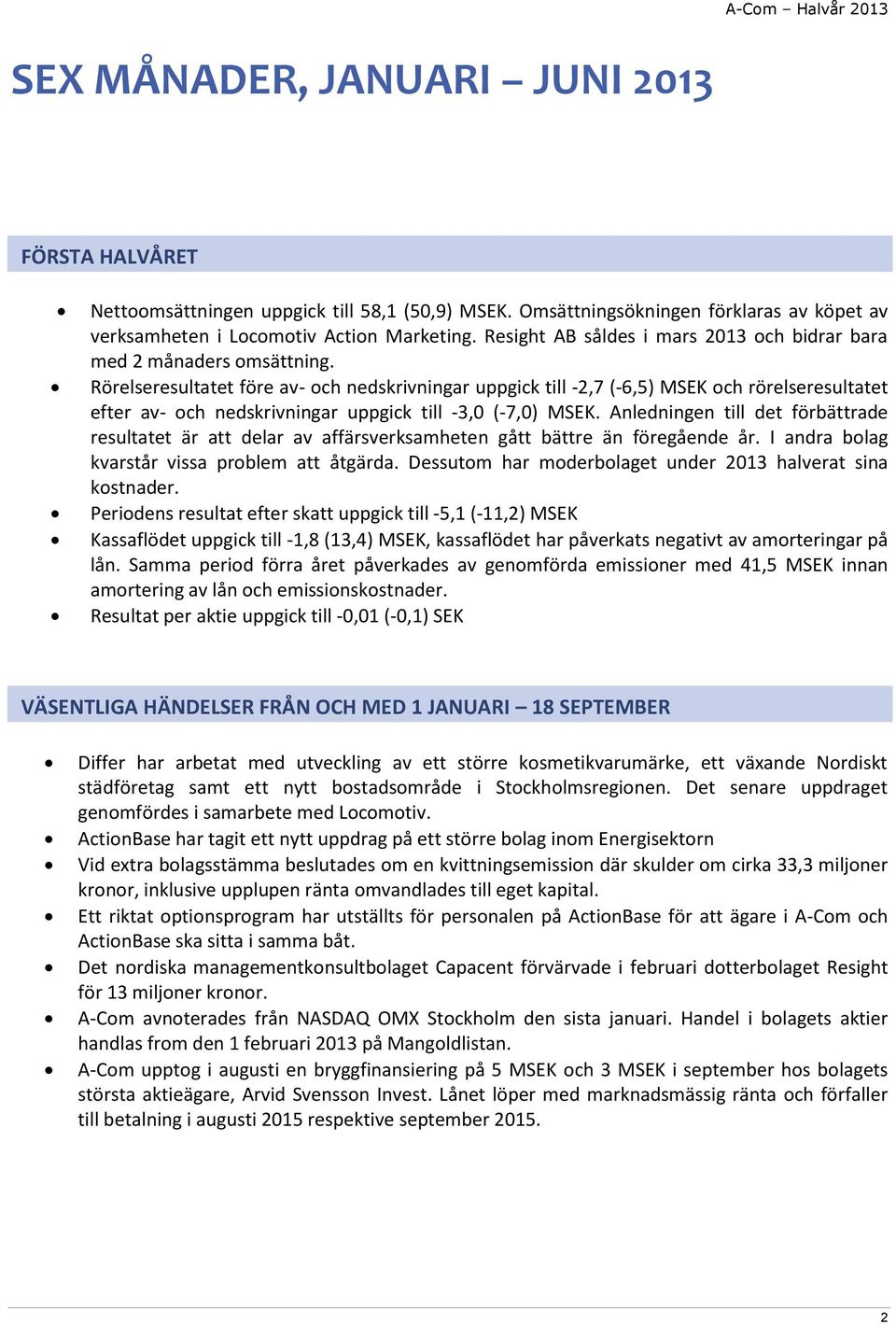 Rörelseresultatet före av- och nedskrivningar uppgick till -2,7 (-6,5) MSEK och rörelseresultatet efter av- och nedskrivningar uppgick till -3,0 (-7,0) MSEK.