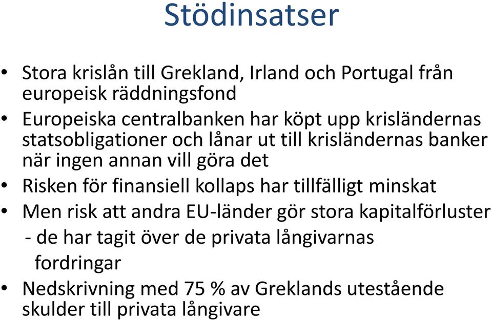 Risken för finansiell kollaps har tillfälligt minskat Men risk att andra EU länder gör stora kapitalförluster de har