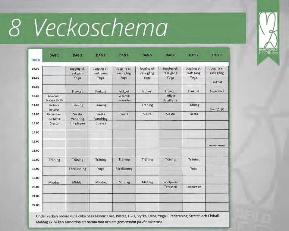 00 Inc heck Traning Traning Traning Traning hotellet 12.00 Gemensam Siesta Siesta Siesta Siesta Siesta Siesta tur Nerja Vandring Vandring 13.00 Siesta till playan Cuevas Flyl111:20 14.00 15.00 16.